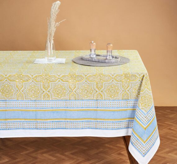 Yellow Cotton Printed Tastir Table Cover 8 Seater